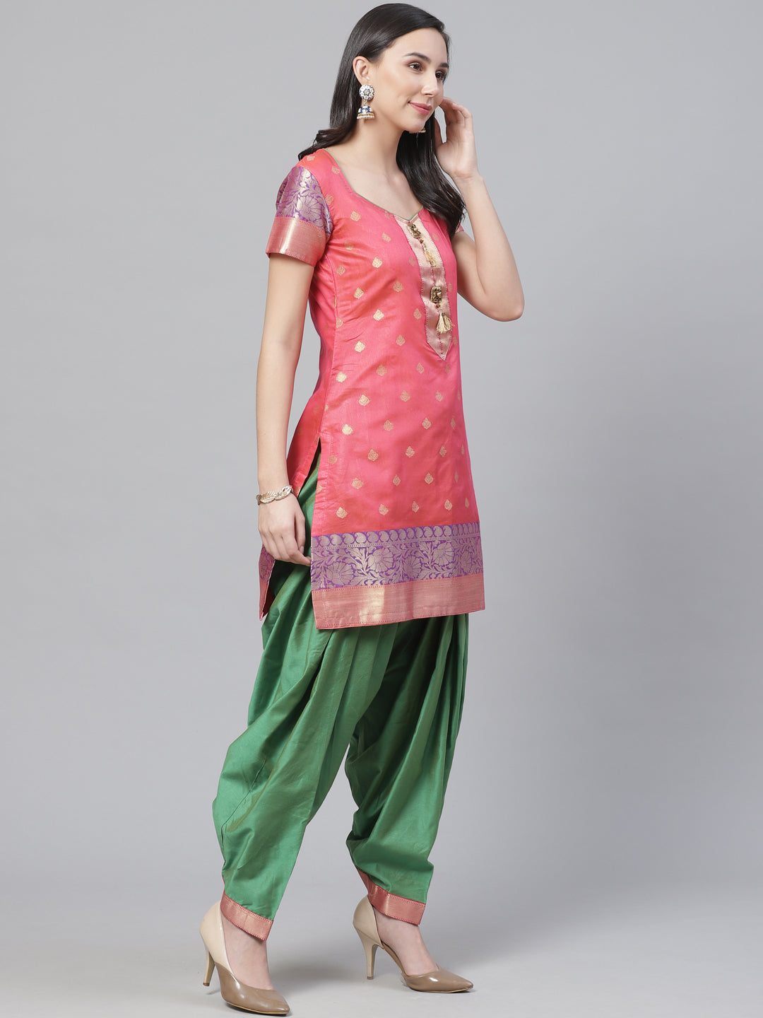 Handloom Chanderi Stitched Suit with Resham Gold Weave Floral Pattern