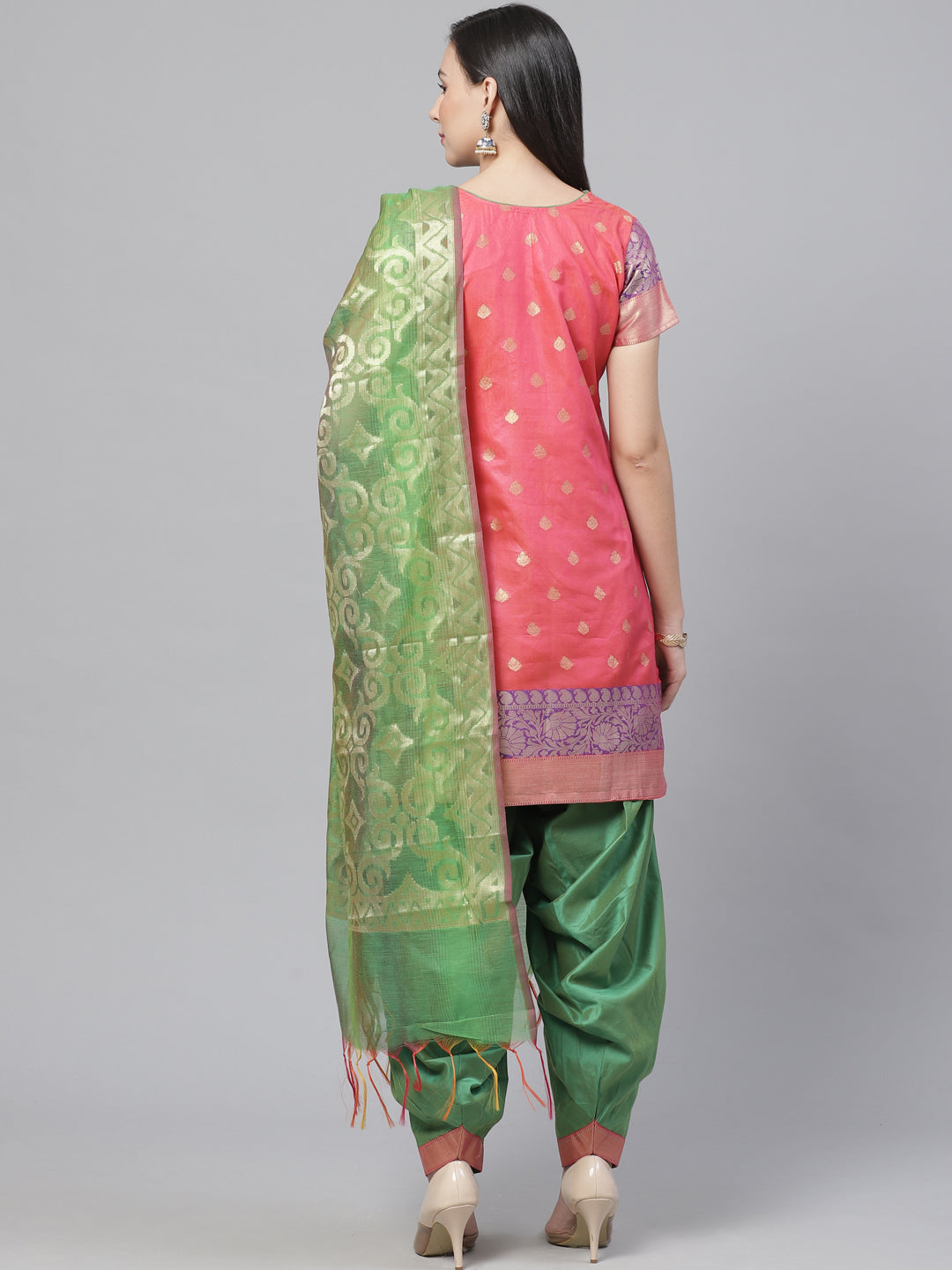 Handloom Chanderi Dress Material with Resham Gold Weave Pattern & Contrast Woven Dupatta