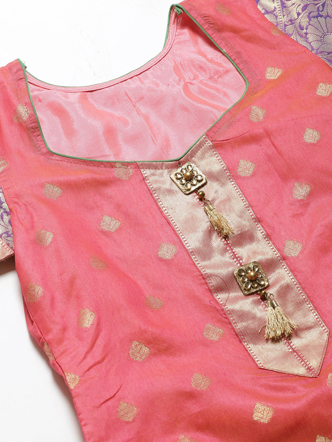 Handloom Chanderi Dress Material with Resham Gold Weave Pattern & Contrast Woven Dupatta