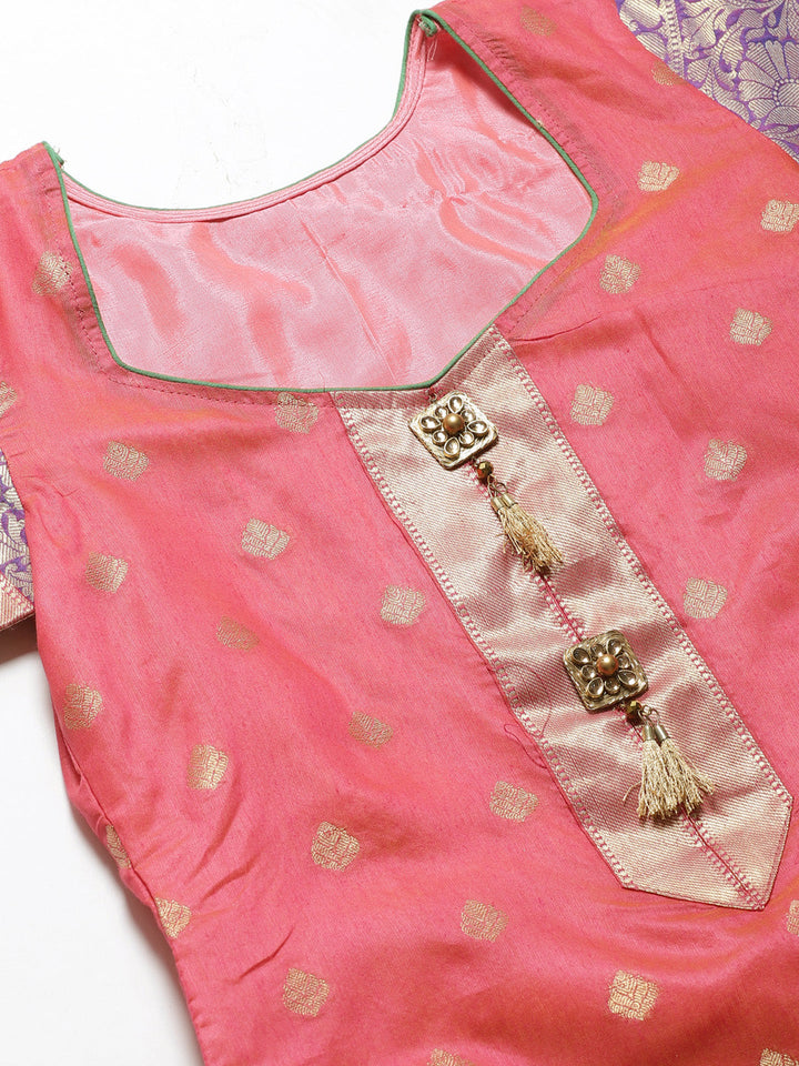 Handloom Chanderi Dress Material with Resham Gold Weave Pattern & Contrast Woven Dupatta