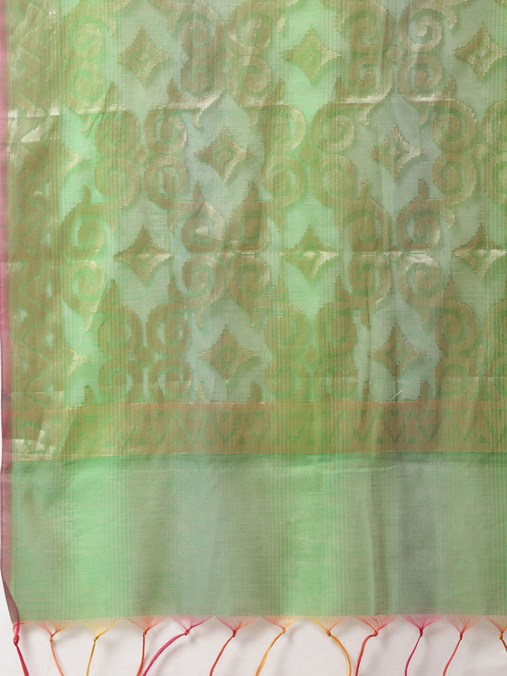 Handloom Chanderi Dress Material with Resham Gold Weave Pattern & Contrast Woven Dupatta