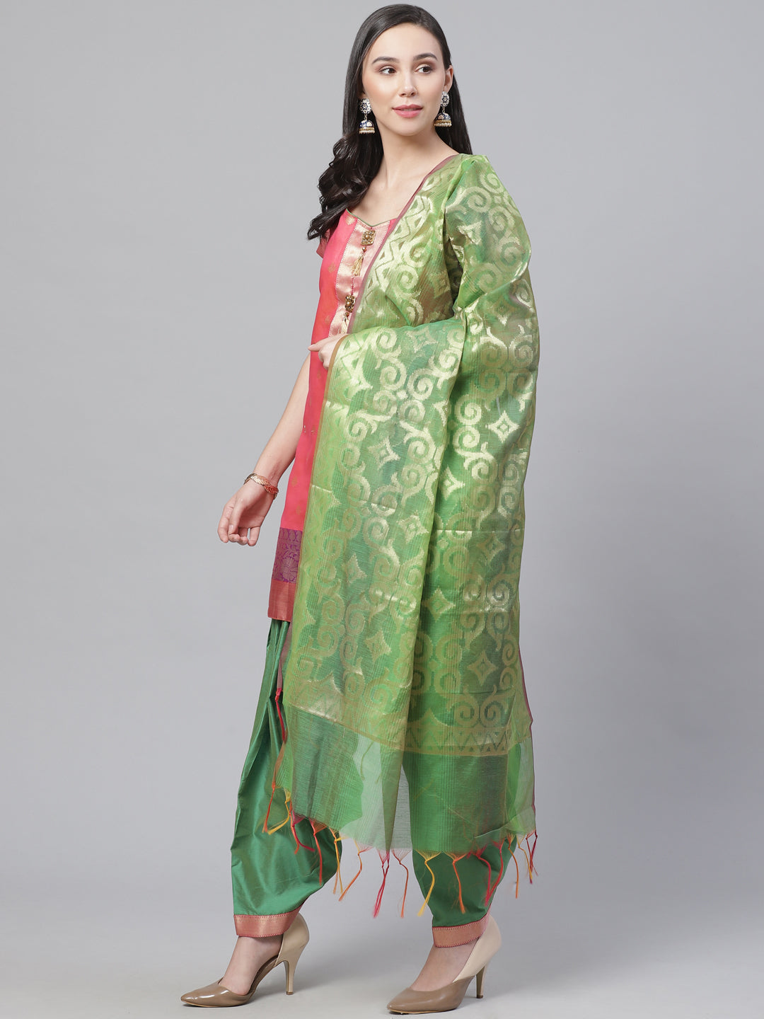 Handloom Chanderi Stitched Suit with Resham Gold Weave Floral Pattern