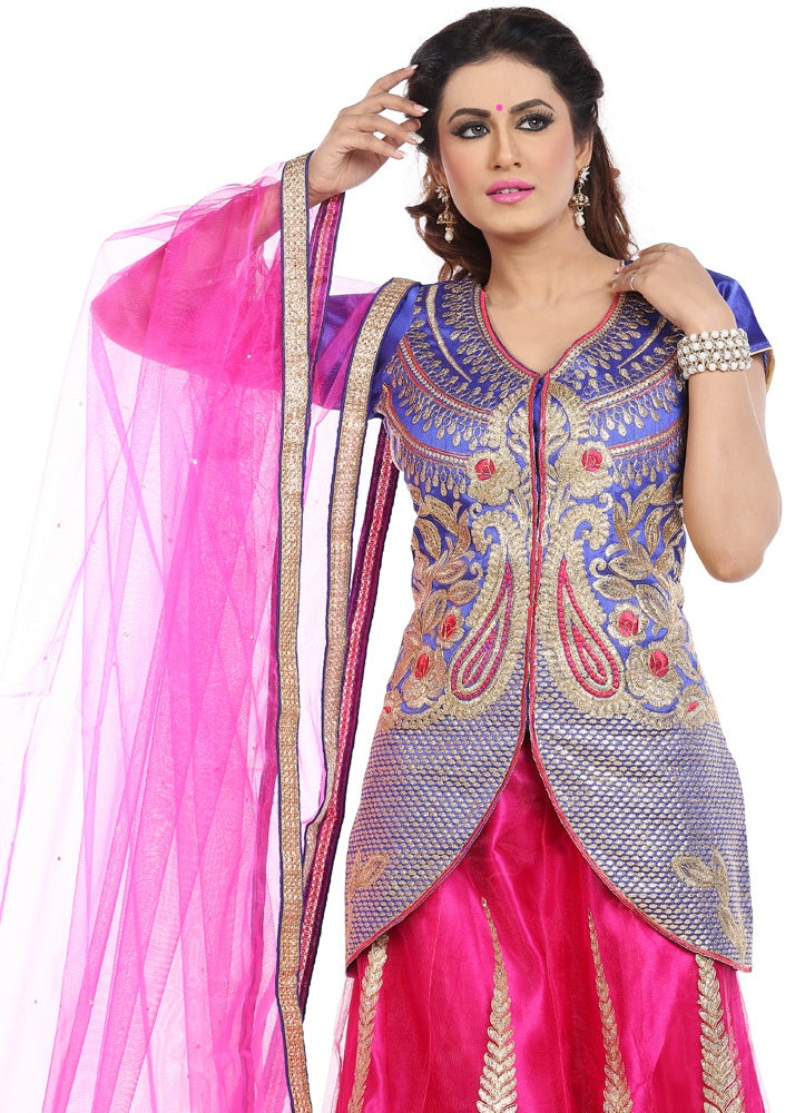 Pink & Blue Net Embroidered with Art Silk Inner Lehenga with Art Silk Jacket & Net Dupatta
