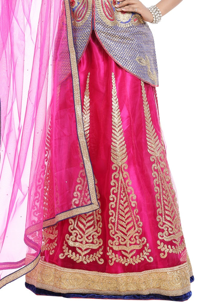 Pink & Blue Net Embroidered with Art Silk Inner Lehenga with Art Silk Jacket & Net Dupatta