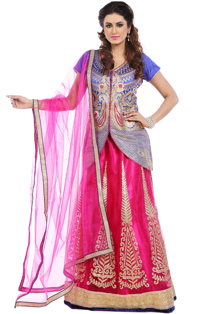 Pink & Blue Net Embroidered with Art Silk Inner Lehenga with Art Silk Jacket & Net Dupatta