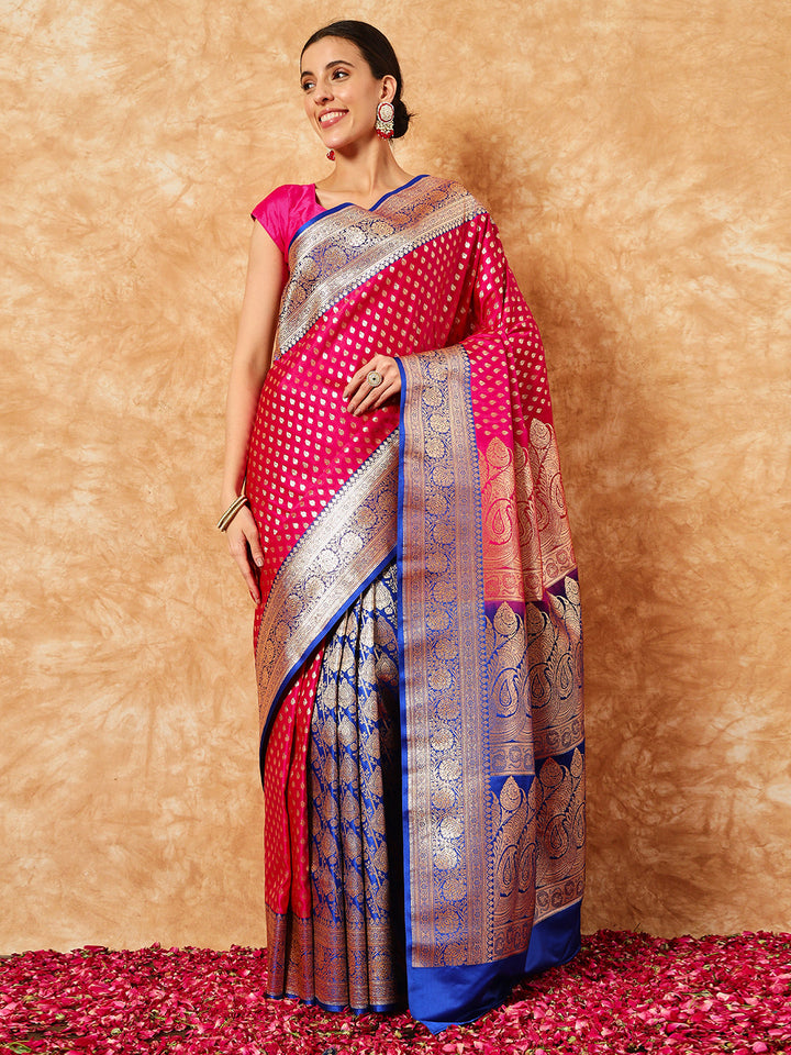 Banarasi Handloom Silk Saree with Zari Weaving & Contrast Border