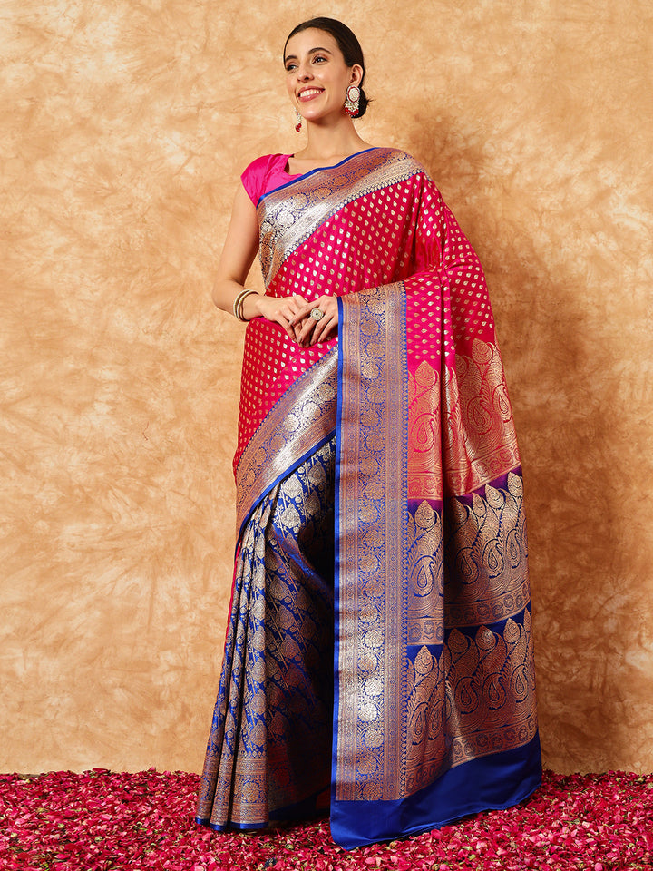 Banarasi Handloom Silk Saree with Zari Weaving & Contrast Border