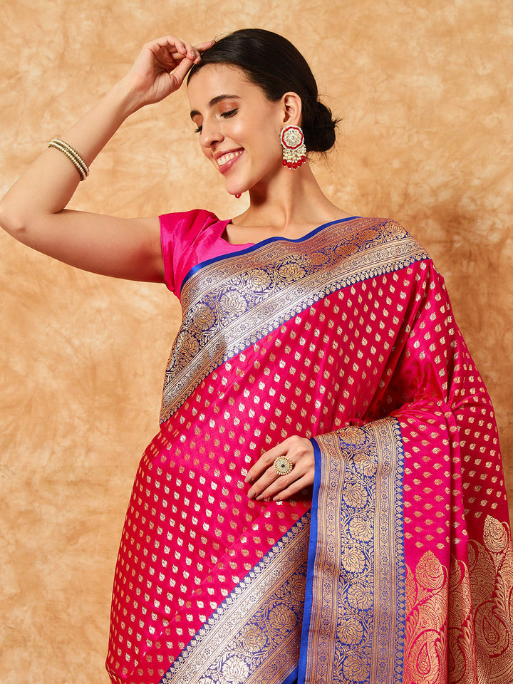Banarasi Handloom Silk Saree with Zari Weaving & Contrast Border