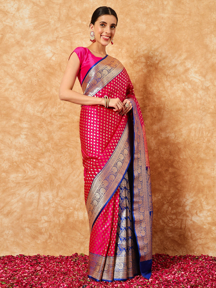 Banarasi Handloom Silk Saree with Zari Weaving & Contrast Border
