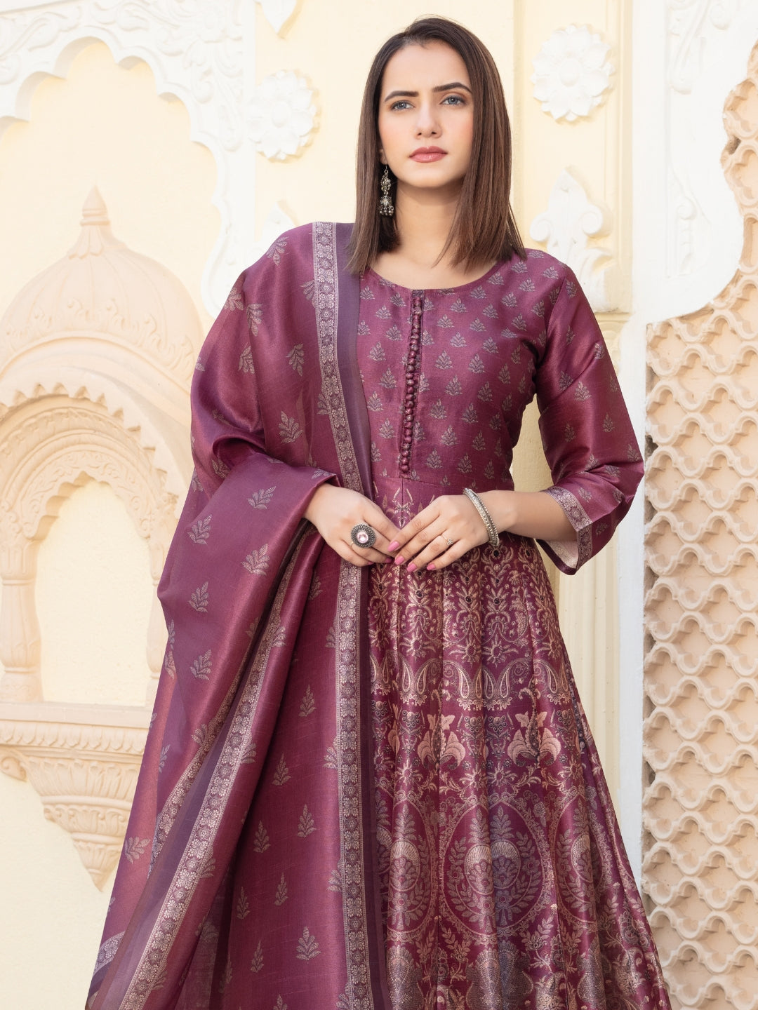 Chhabra 555 Bohemian Print Embellished Pleated Gown with Printed Sleeves & Printed Dupatta