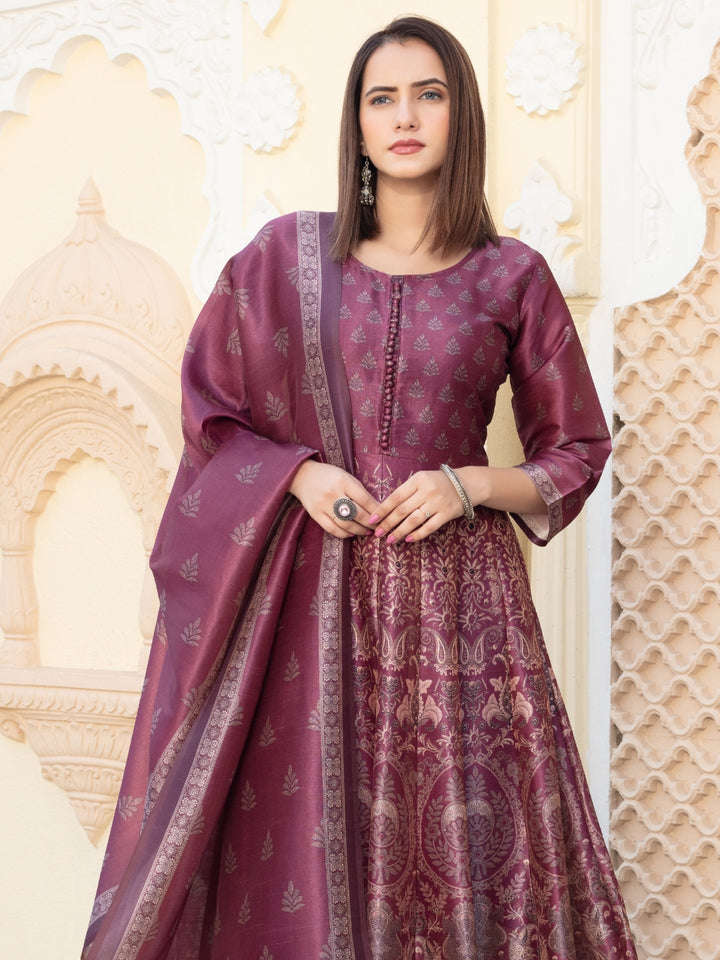 Chhabra 555 Bohemian Print Embellished Pleated Gown with Printed Sleeves & Printed Dupatta