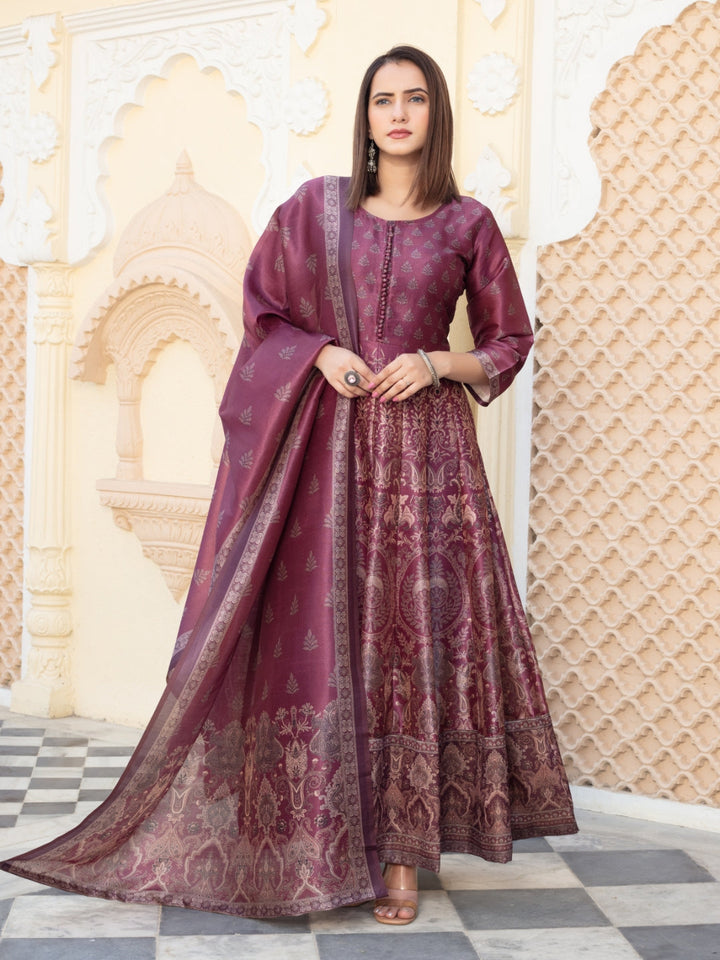 Bohemian Print Embellished Pleated Gown with Printed Sleeves & Printed Dupatta