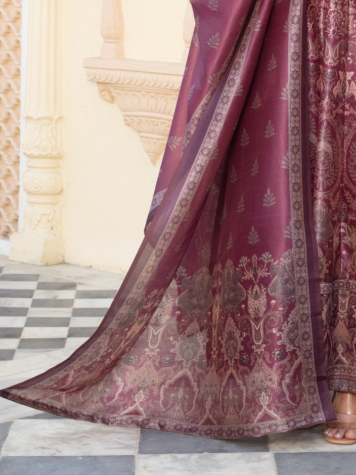 Bohemian Print Embellished Pleated Gown with Printed Sleeves & Printed Dupatta