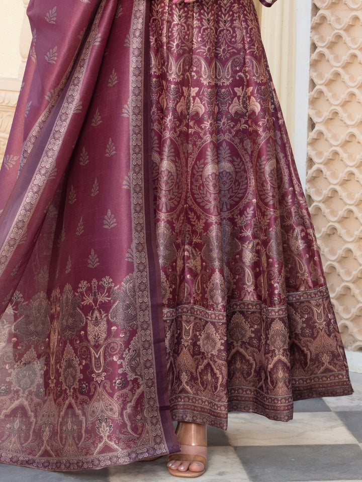 Bohemian Print Embellished Pleated Gown with Printed Sleeves & Printed Dupatta