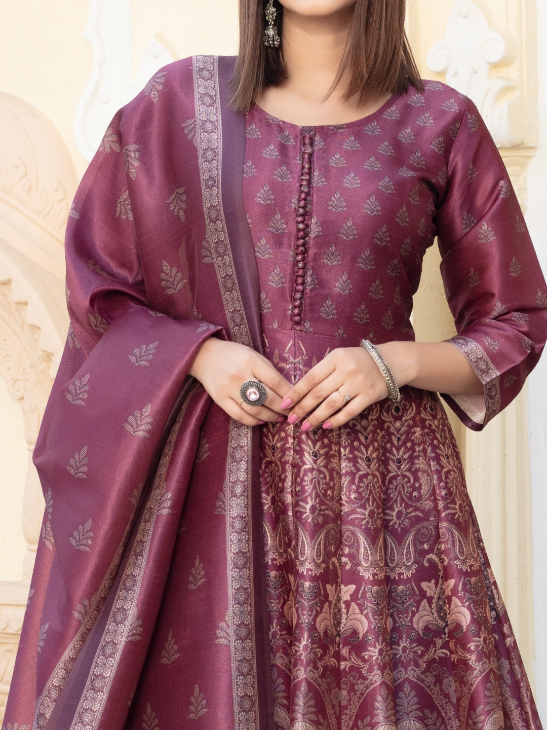 Bohemian Print Embellished Pleated Gown with Printed Sleeves & Printed Dupatta