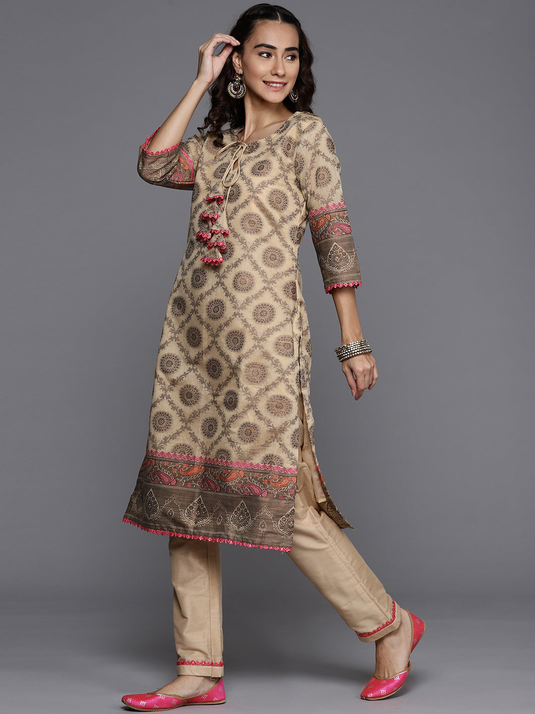 Beige Banarasi Weaving Embellish Unstitched Suit Salwar Set & Dupatta