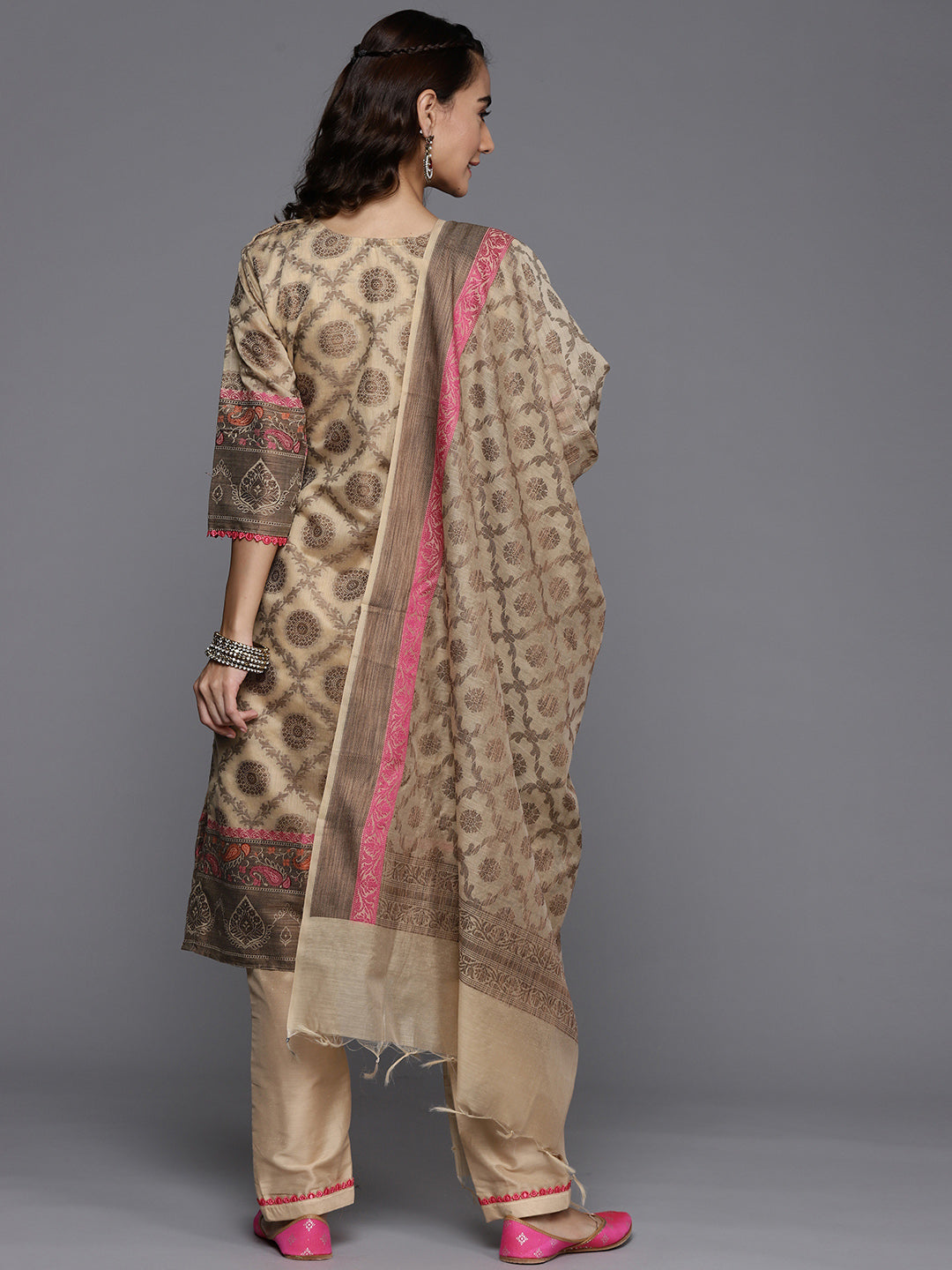 Beige Banarasi Weaving Embellish Unstitched Suit Salwar Set & Dupatta