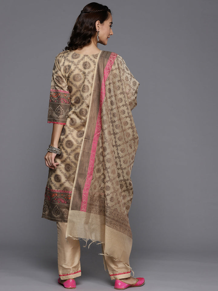 Beige Banarasi Weaving Embellish Unstitched Suit Salwar Set & Dupatta