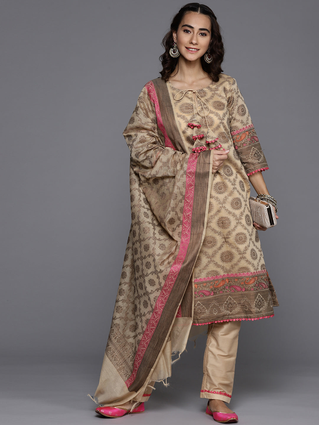 Beige Banarasi Weaving Embellish Unstitched Suit Salwar Set & Dupatta