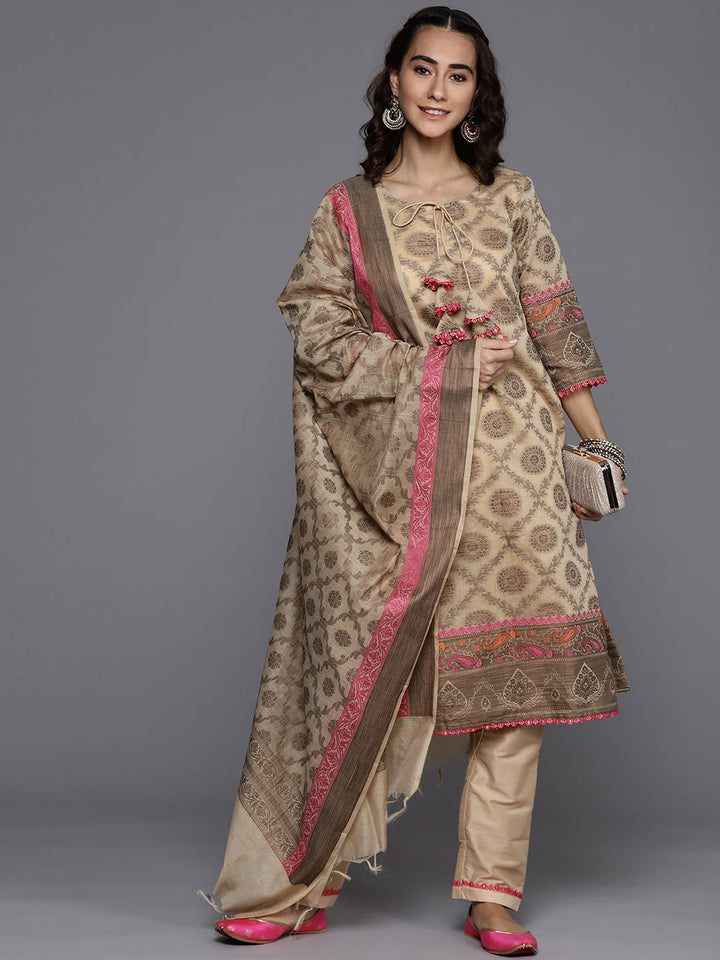 Beige Banarasi Weaving Embellish Unstitched Suit Salwar Set & Dupatta