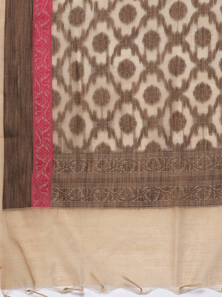 Beige Banarasi Weaving Embellish Unstitched Suit Salwar Set & Dupatta