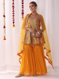 Chhabra 555 Kalidar Peplum Kurta Sharara Set with Multicolor Mirror Embelished Embroidery & Tasseles