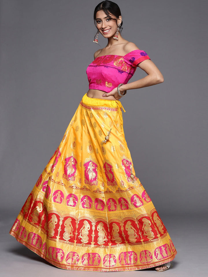 Yellow Semi Stitched Banarasi Brocade Silk Ethnic Lehenga Choli with Zari & Resham Weaving