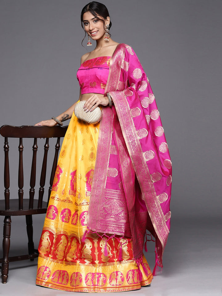 Yellow Semi Stitched Banarasi Brocade Silk Ethnic Lehenga Choli with Zari & Resham Weaving