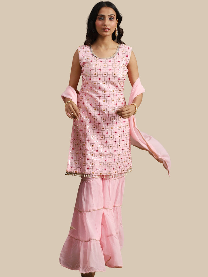 Pink Resham & Sequin Embellished Georgette Kurta Sharara Set