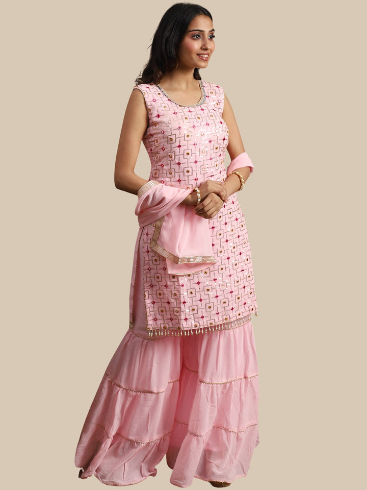 Pink Resham & Sequin Embellished Georgette Kurta Sharara Set