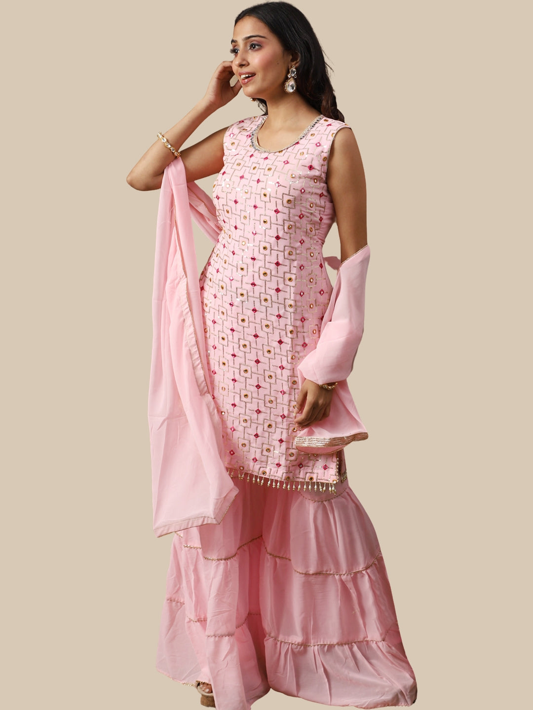 Pink Resham & Sequin Embellished Georgette Kurta Sharara Set