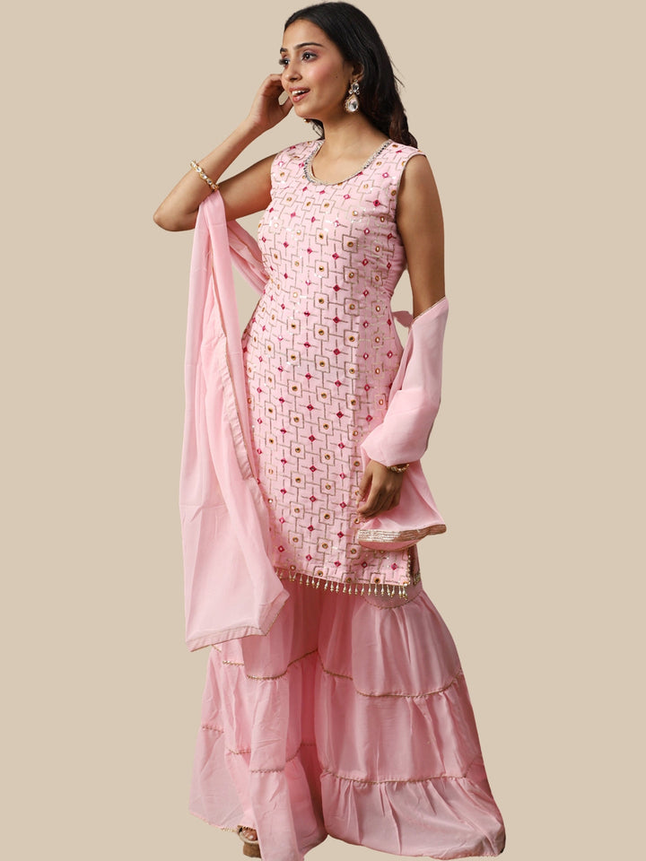 Pink Resham & Sequin Embellished Georgette Kurta Sharara Set