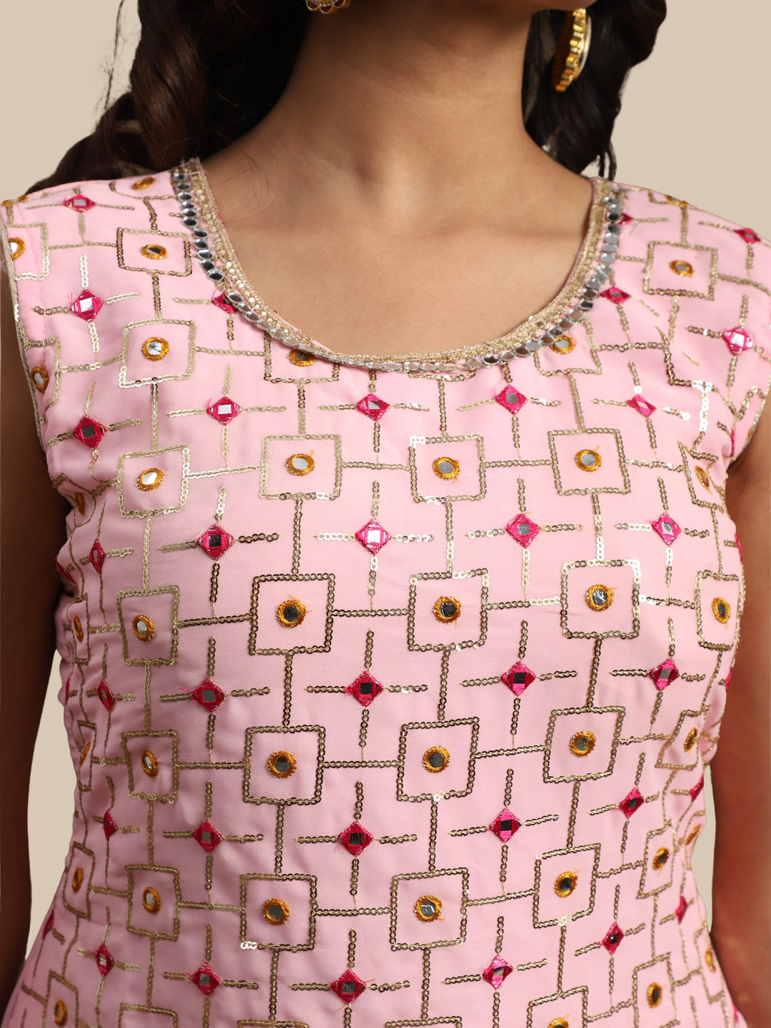 Pink Resham & Sequin Embellished Georgette Kurta Sharara Set