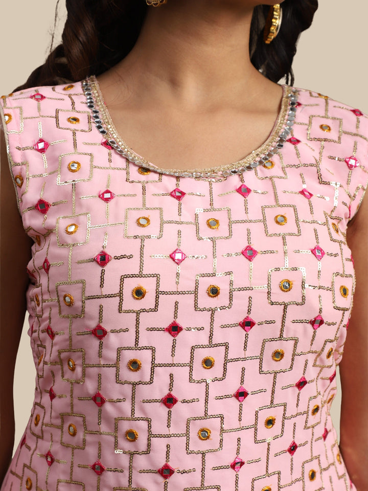 Pink Resham & Sequin Embellished Georgette Kurta Sharara Set