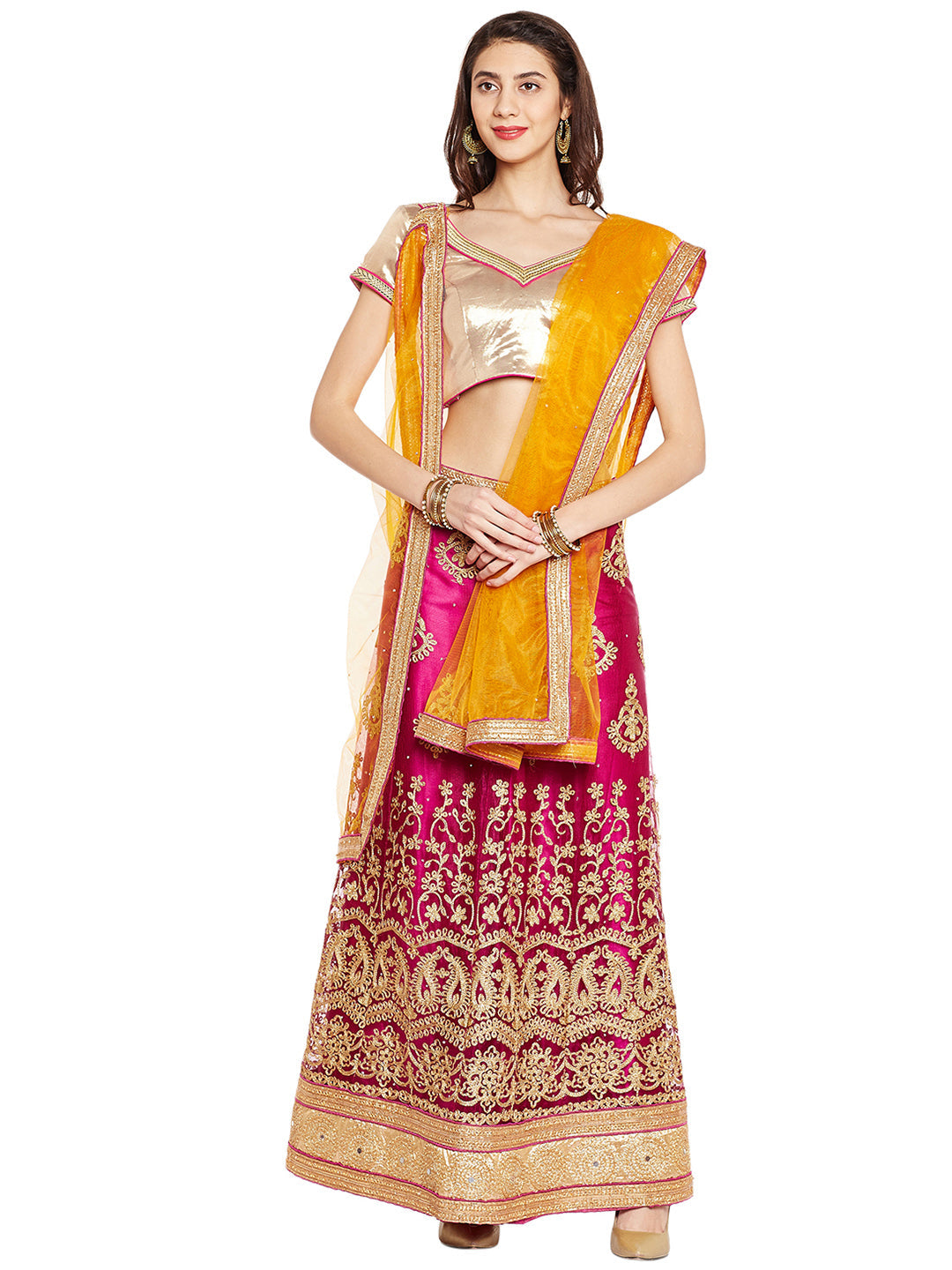 Purple & Gold Net Embroidered Zari Work Semi Stiched Lehenga Choli With Dupatta