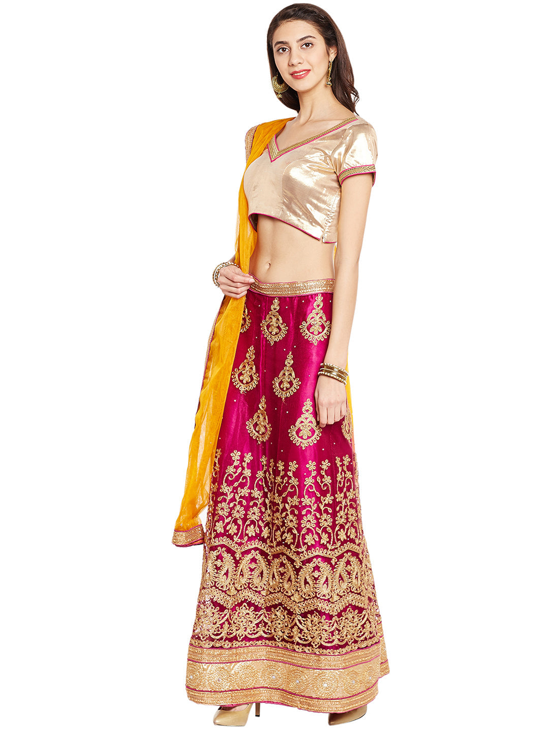 Purple & Gold Net Embroidered Zari Work Semi Stiched Lehenga Choli With Dupatta
