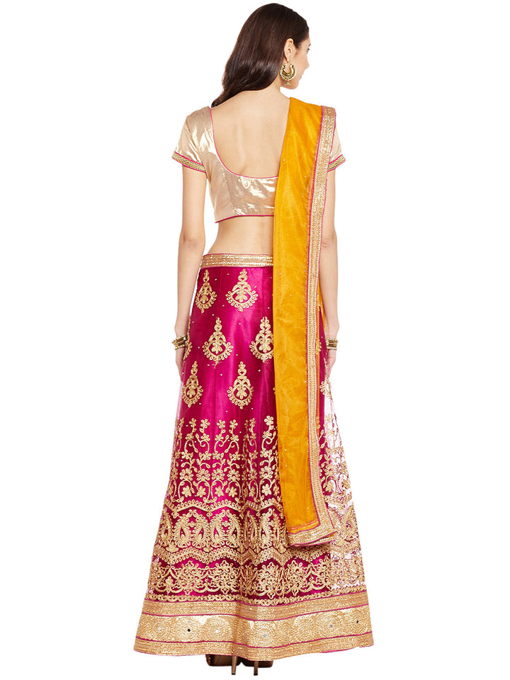 Purple & Gold Net Embroidered Zari Work Semi Stiched Lehenga Choli With Dupatta