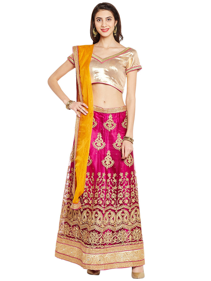 Purple & Gold Net Embroidered Zari Work Semi Stiched Lehenga Choli With Dupatta