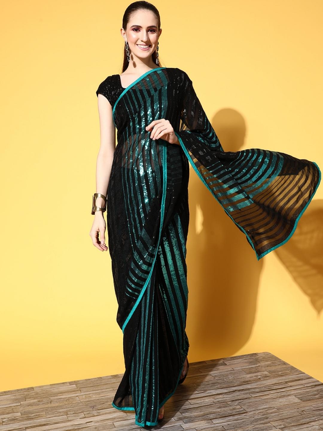Black Contrast Embellished Party Georgette Metallic Cocktail Saree
