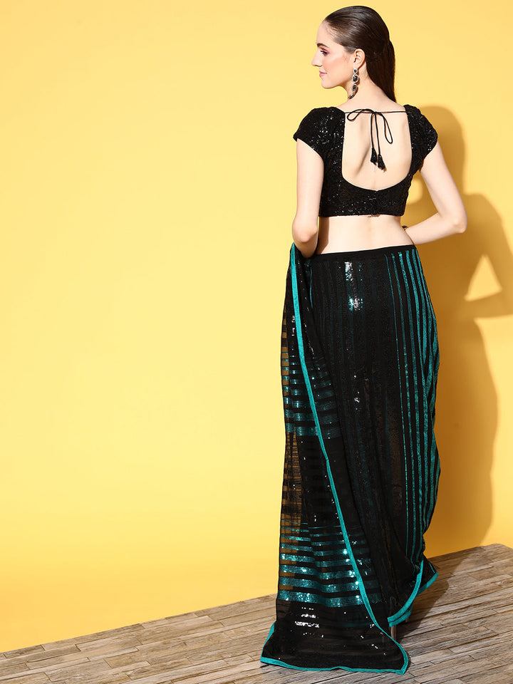 Black Contrast Embellished Party Georgette Metallic Cocktail Saree