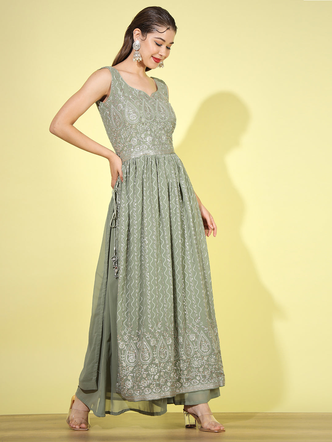 Dusty Green Sequin Embellished Georgette Nyraa Style Pleated Suit