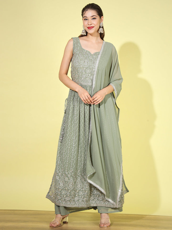 Dusty Green Sequin Embellished Georgette Nyraa Style Pleated Suit