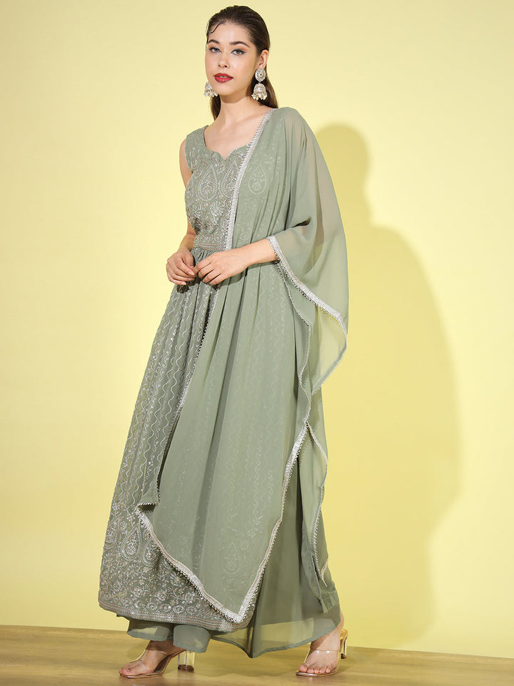 Dusty Green Sequin Embellished Georgette Nyraa Style Pleated Suit
