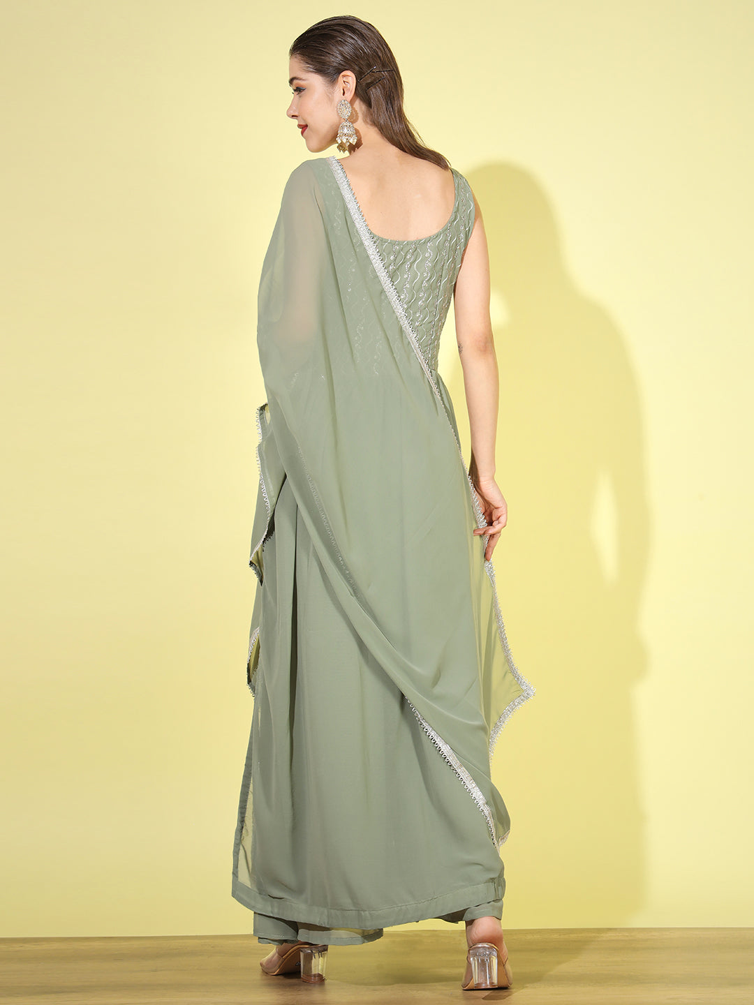 Dusty Green Sequin Embellished Georgette Nyraa Style Pleated Suit
