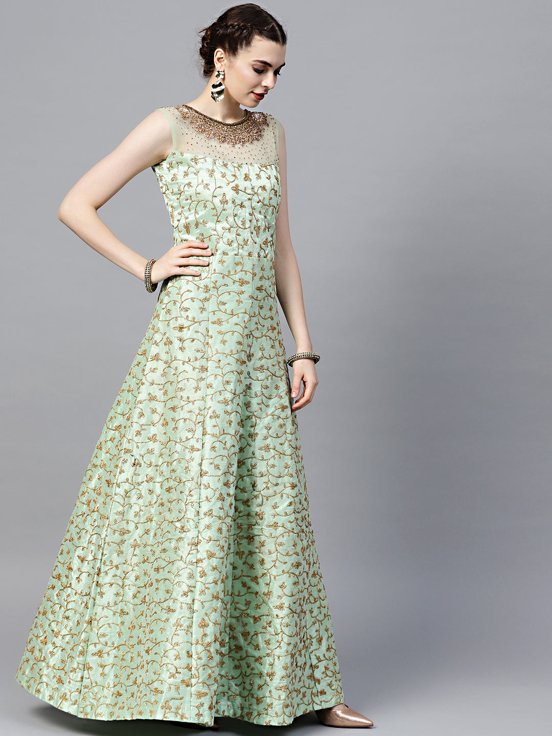 Silk Floor Length Flared Suit with Zari Embroidery