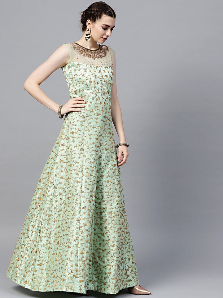 Silk Floor Length Flared Suit with Zari Embroidery