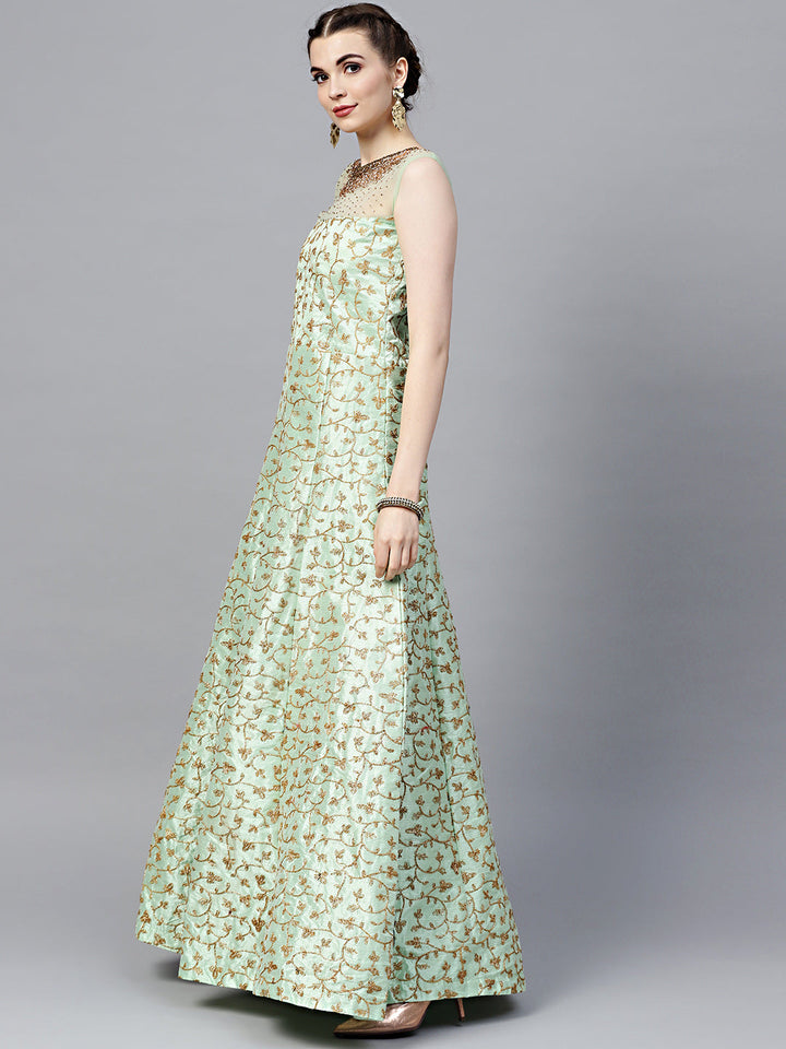 Silk Floor Length Flared Suit with Zari Embroidery