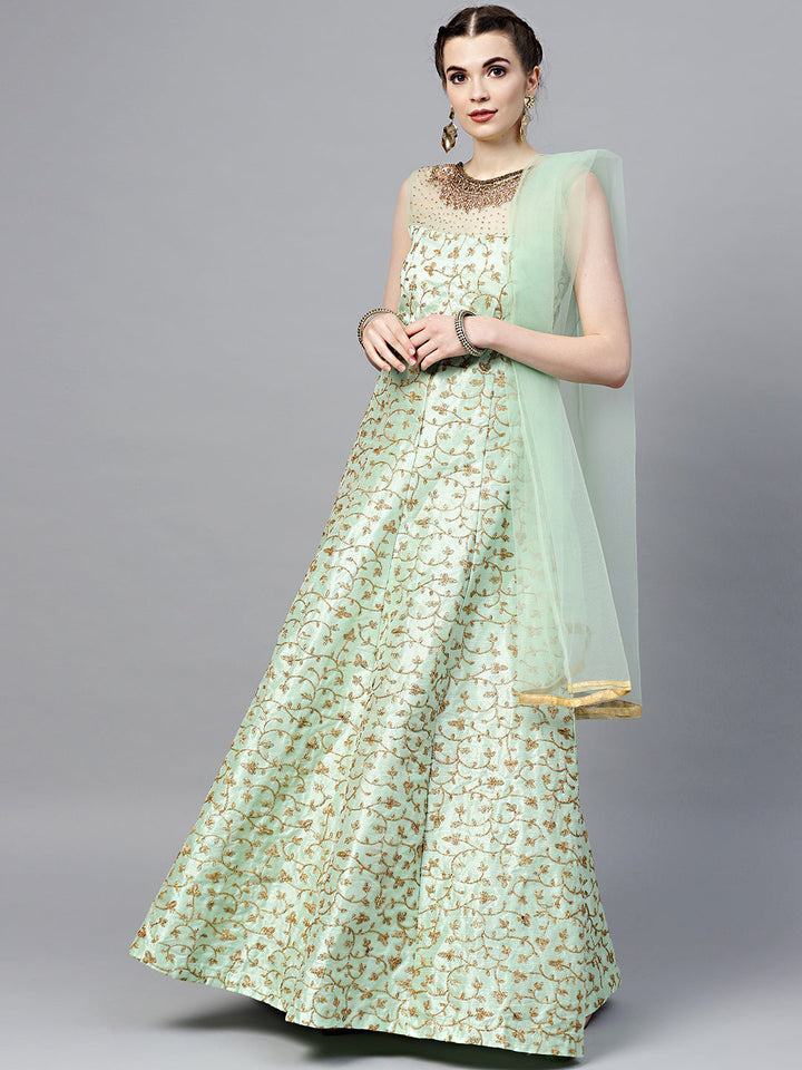 Silk Floor Length Flared Suit with Zari Embroidery