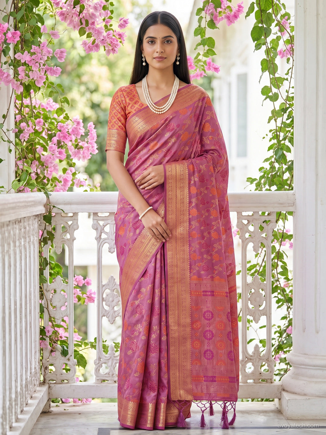 Pink Floral Woven Silk Saree with Golden Zari Border
