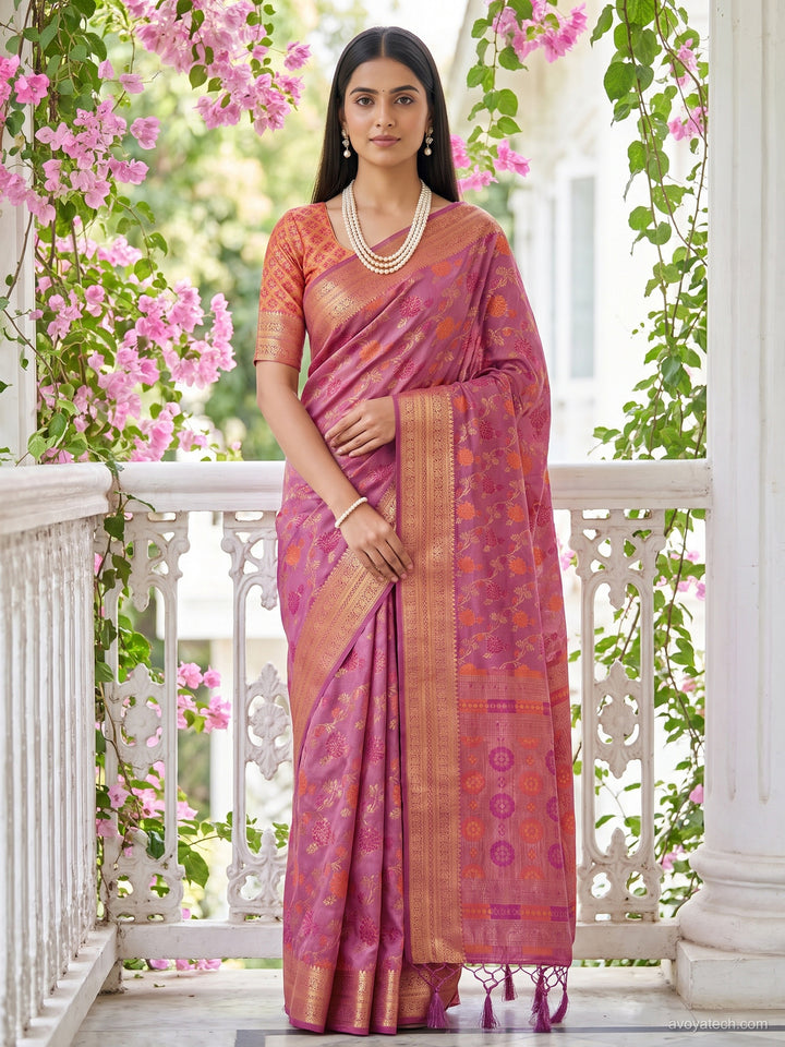 Pink Floral Woven Silk Saree with Golden Zari Border